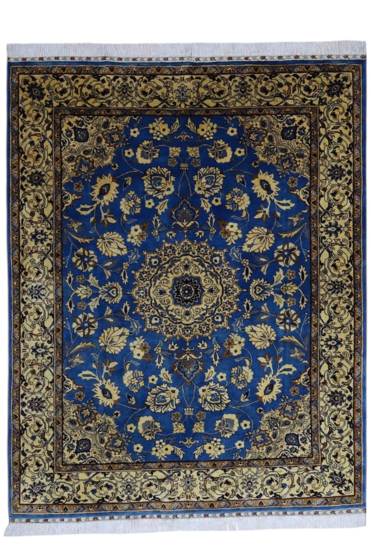 Afghan Rug 5x6, Blue, Gold & Beige, Hand-Knotted Wool