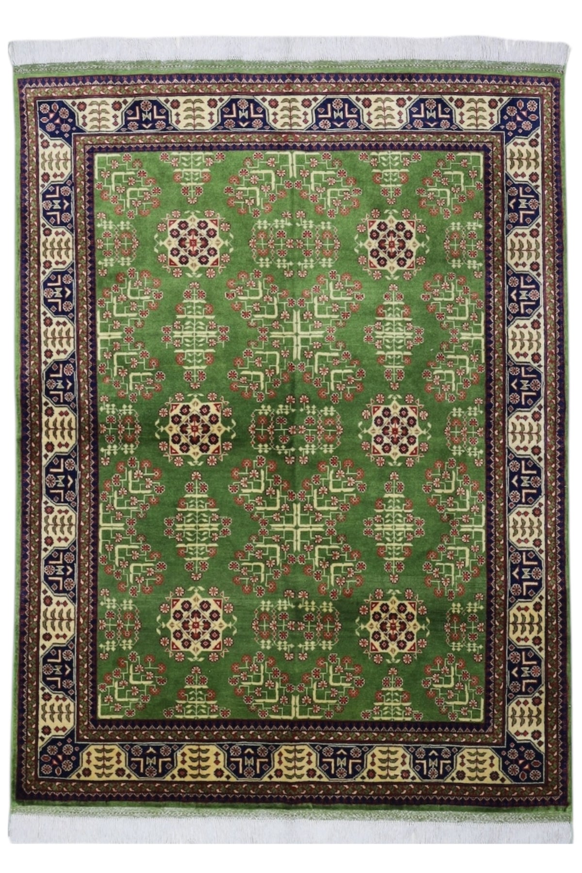 Afghan Bukhara Rug 4'10" x 6'6", Hand-Knotted Wool, Cream & Green