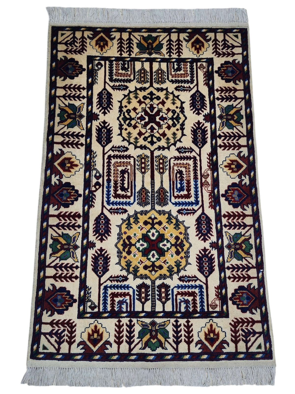 Afghan Gandom Rug 2'7" x 4', Hand-Knotted Wool, Cream & Red, view 2