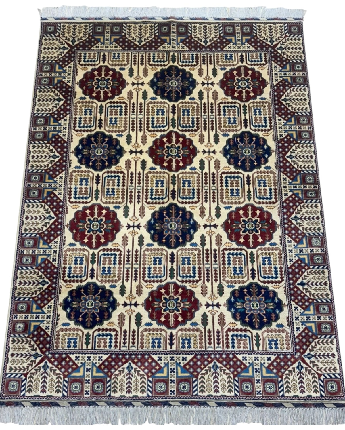 Afghan Gandom Rug 4'11" x 6'8", Hand-Knotted Wool, Blue, Cream & Red, view 3