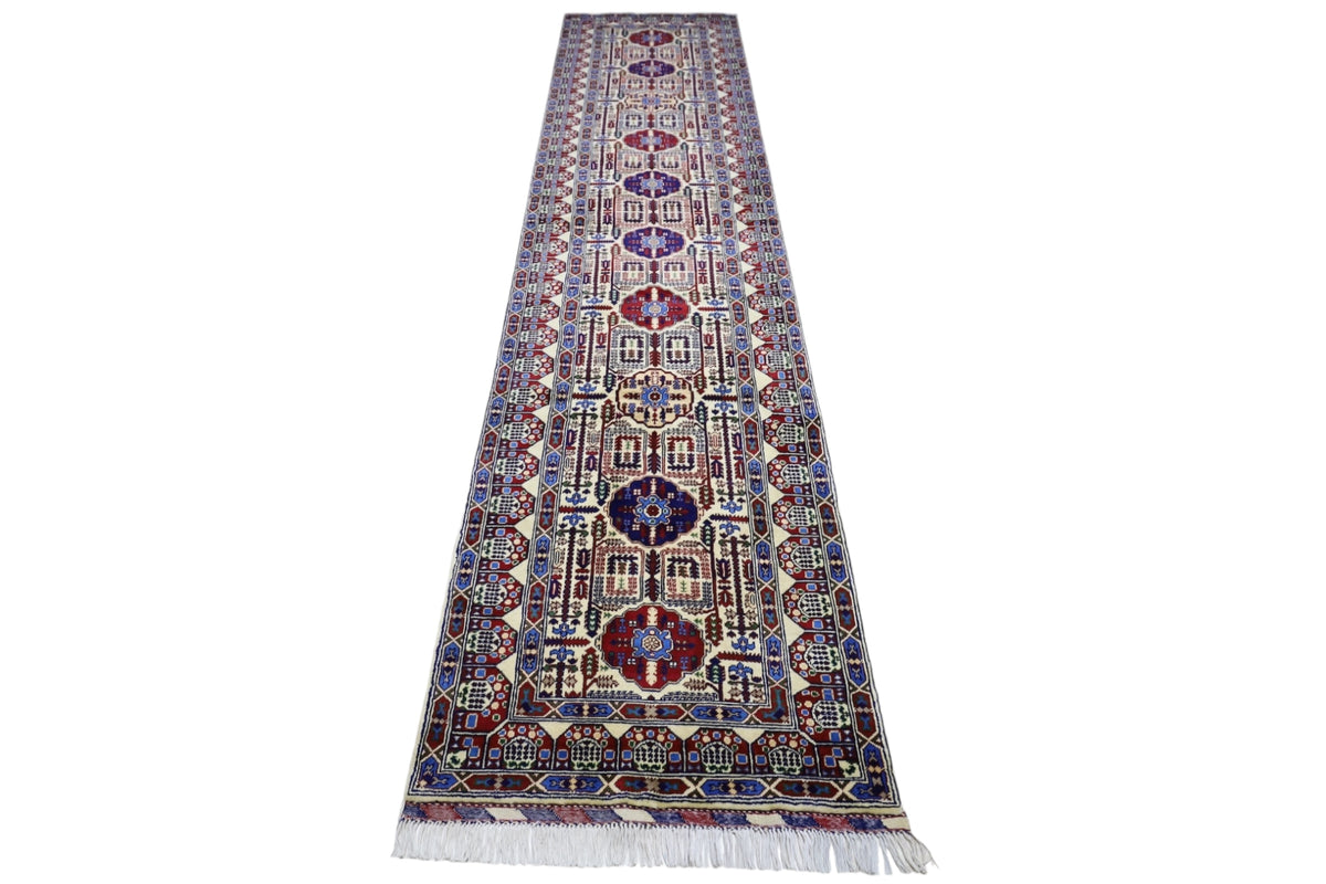 Afghan Gandom Runner 3'1" x 13'1", Hand-Knotted Wool, Blue & Cream, view 3