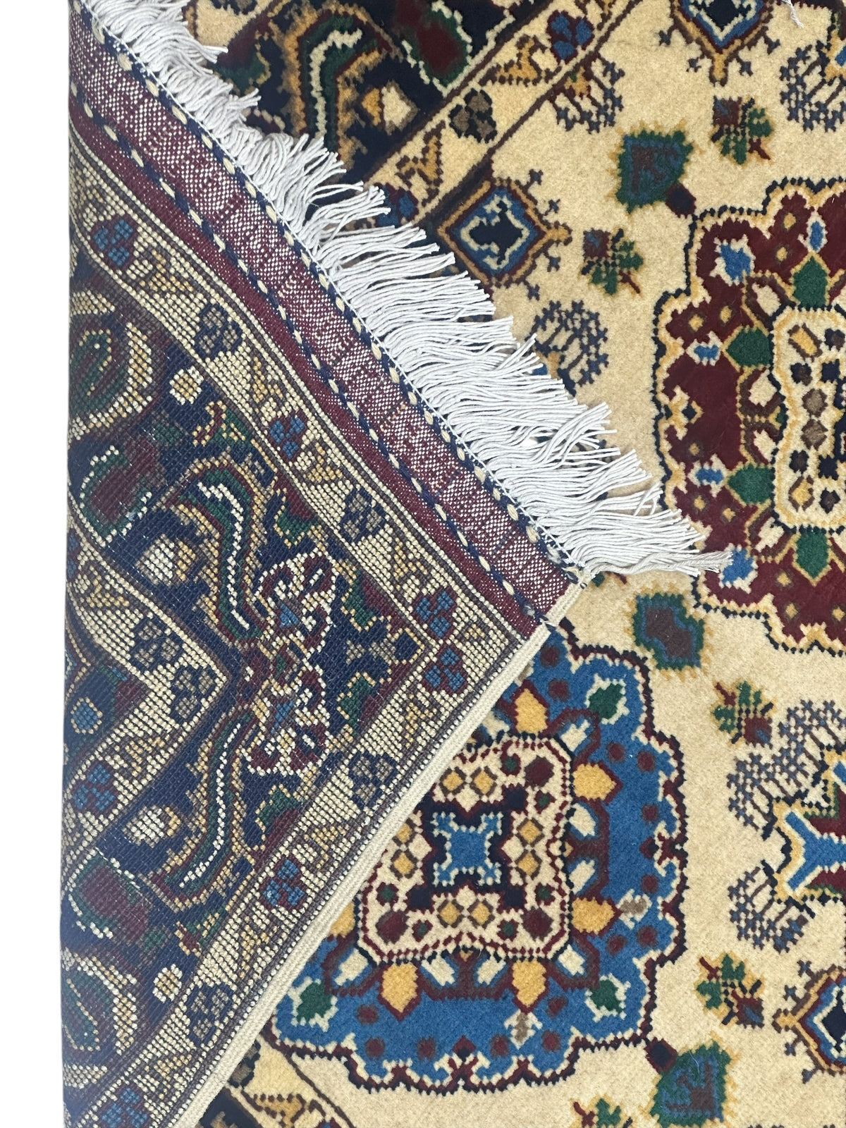 Afghan Kashi Rug 2'9" x 4'4", Hand-Knotted Wool, Blue, Cream & Red, view 3