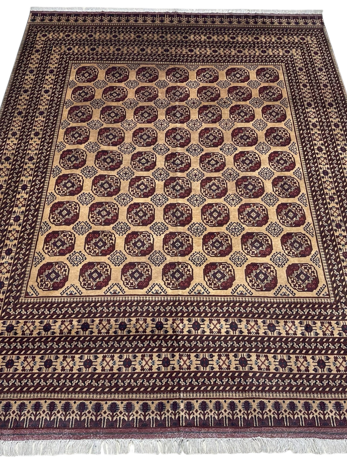 Afghan Turkmen Rug 9x11, Beige, Brown & Burgundy, Hand-Knotted Wool, view 2