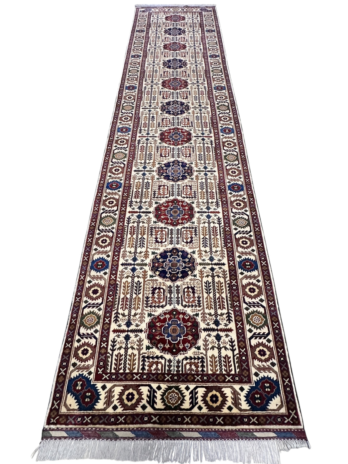 Afghan Gandom Runner 3'2" x 13'4", Hand-Knotted Wool, Beige, view 2