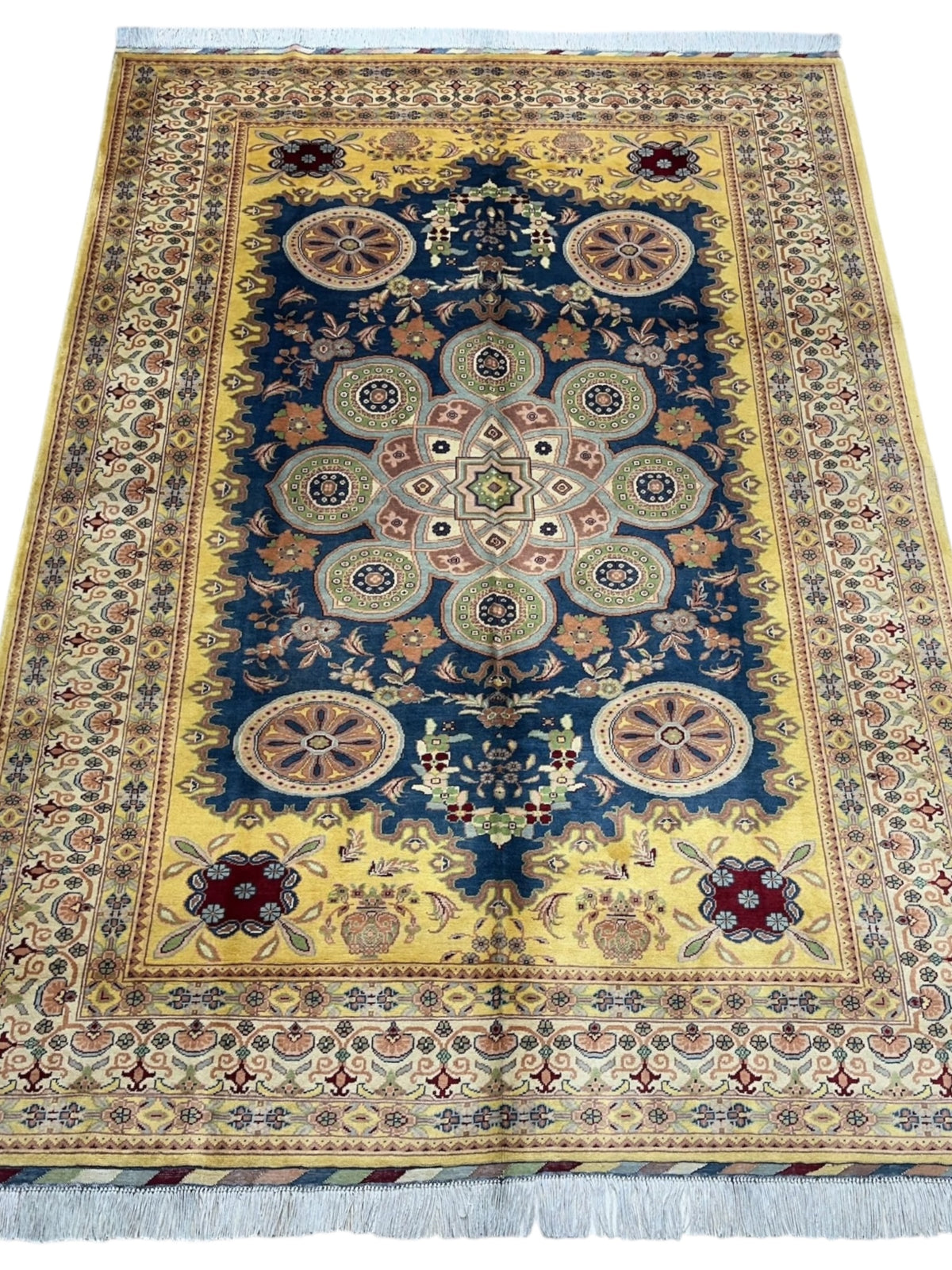 Afghan Nain Rug 7x9, Gold, Navy & Beige, Hand-Knotted Wool, view 2