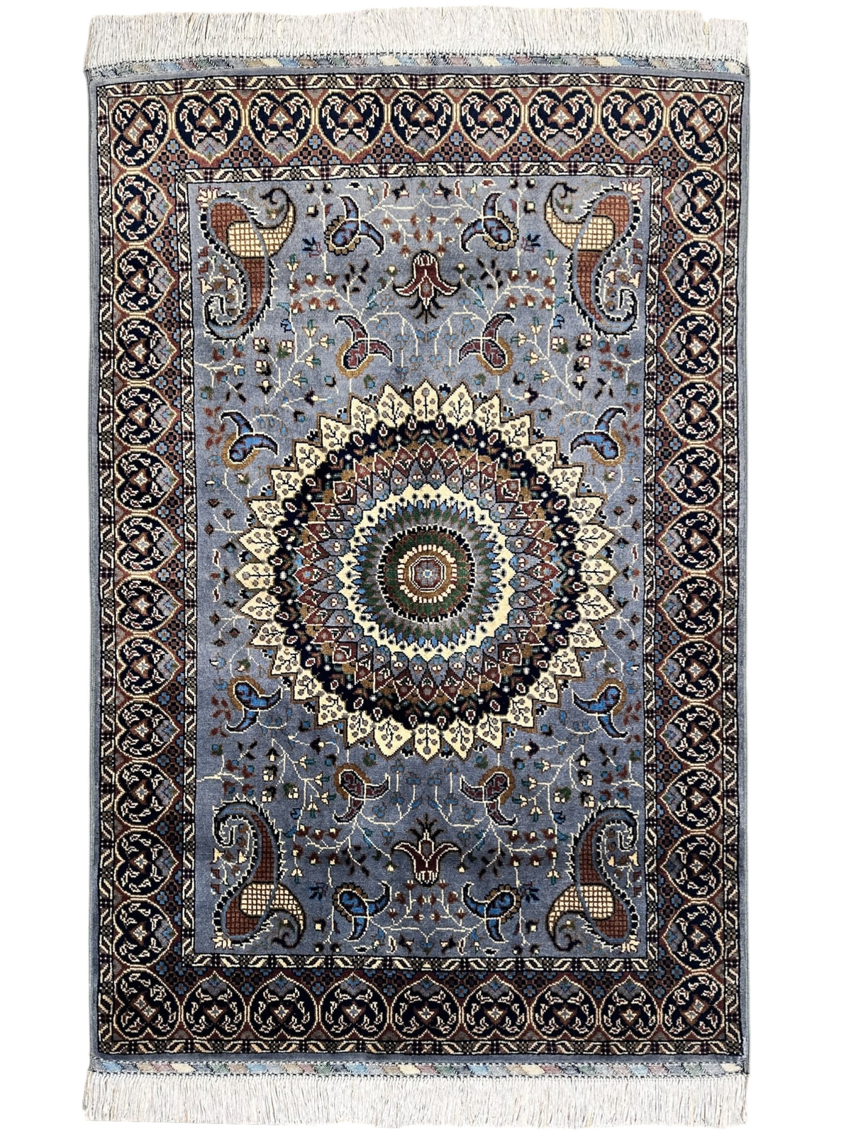 Afghan Rug 3x5, Light Blue, Brown & Navy, Hand-Knotted Wool