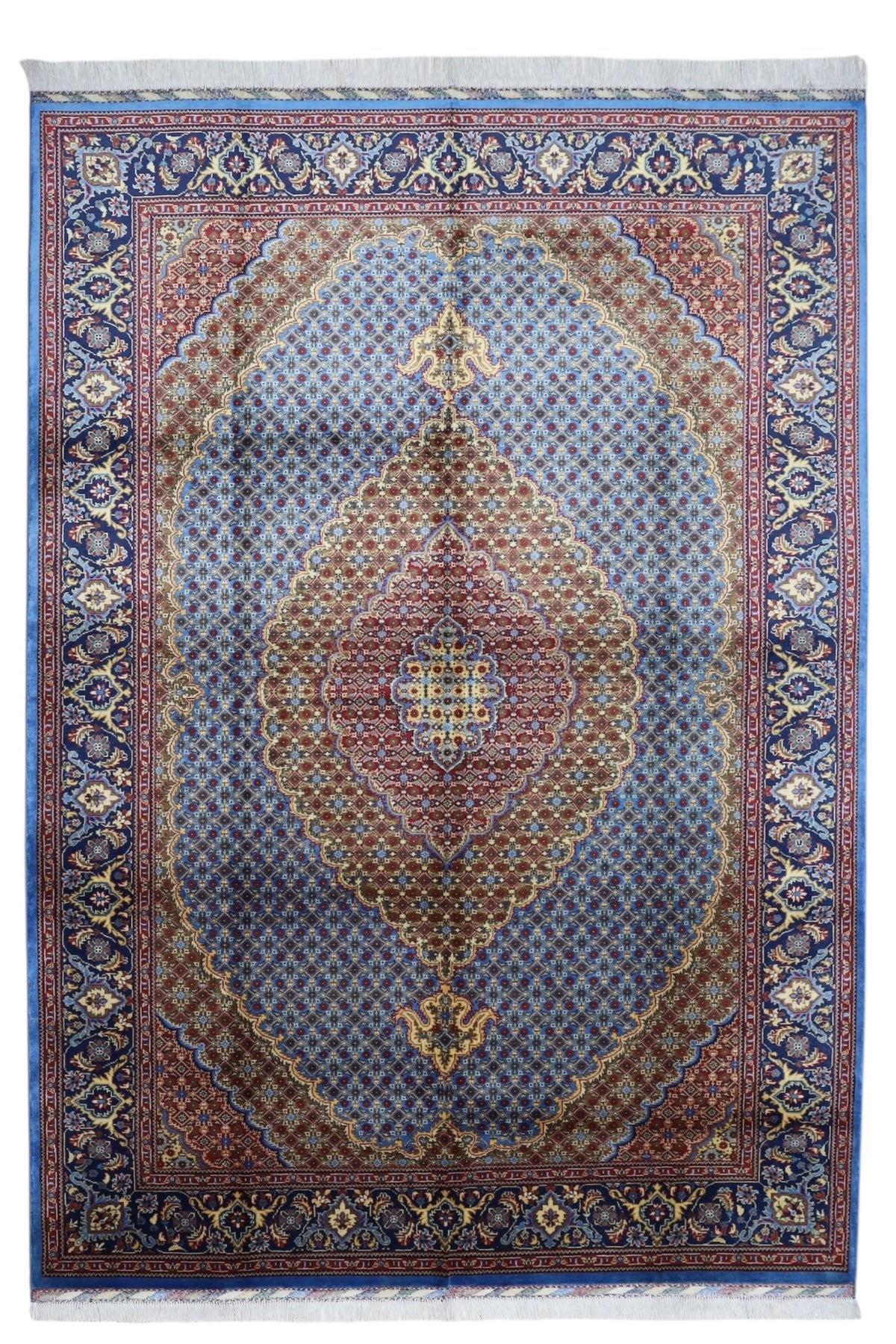 Afghan Tabriz Rug 7x10, Light Blue, Rust & Navy, Hand-Knotted Wool