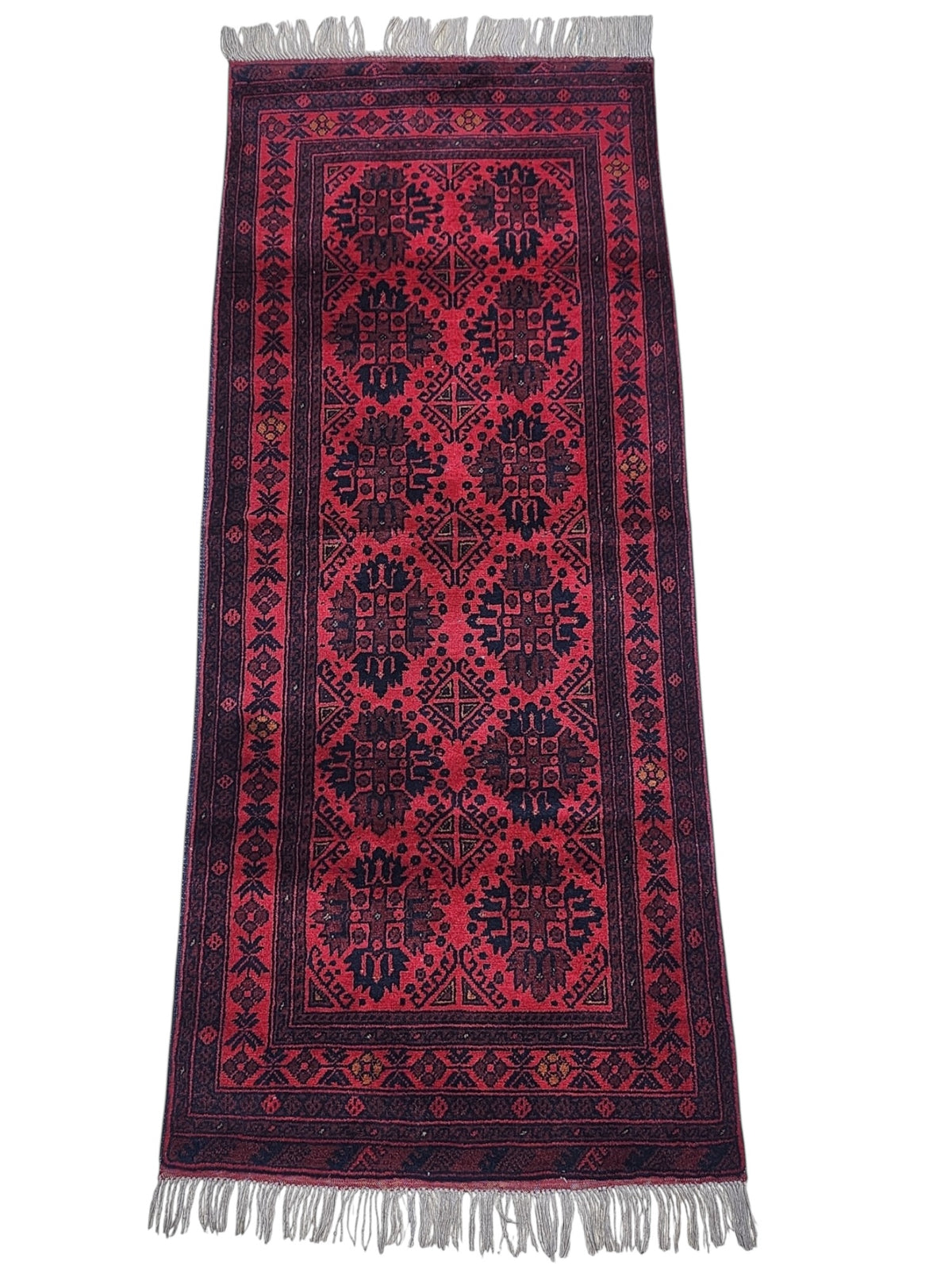 Afghan Gul Runner 3x7, Red, Navy & Burgundy, Hand-Knotted Wool, view 2