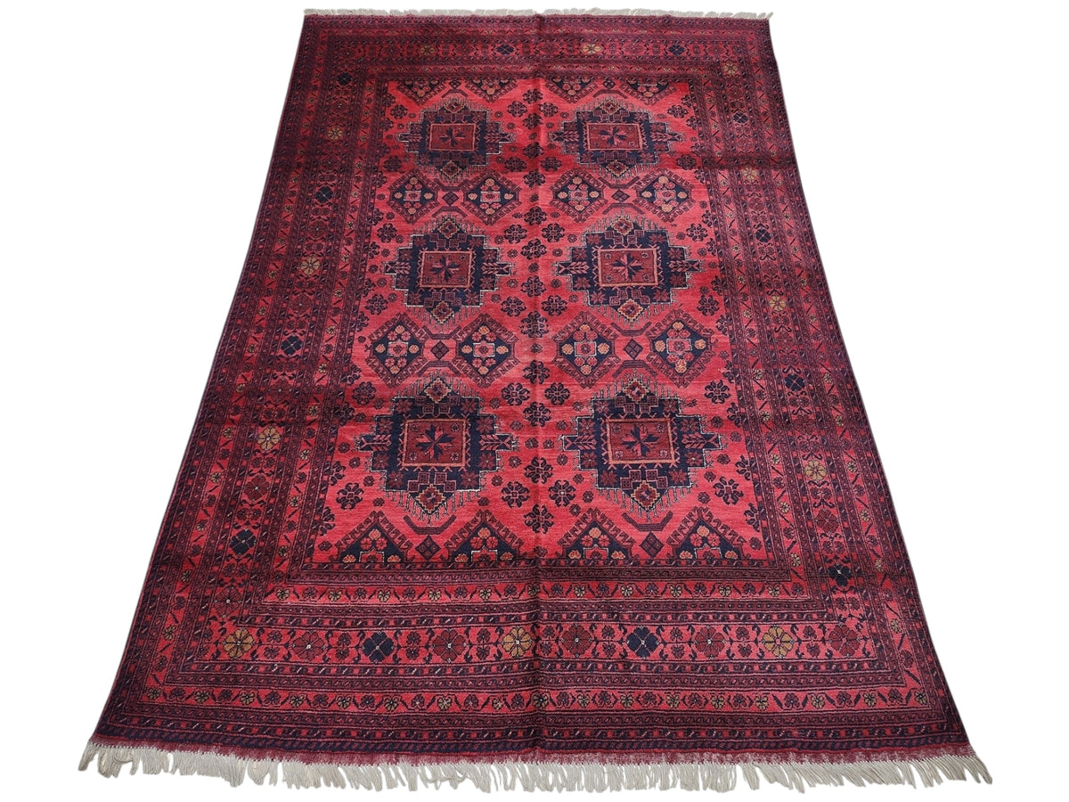 Afghan Patnos Rug 6'7" x 9'11", Hand-Knotted Wool, Red & Blue, view 2