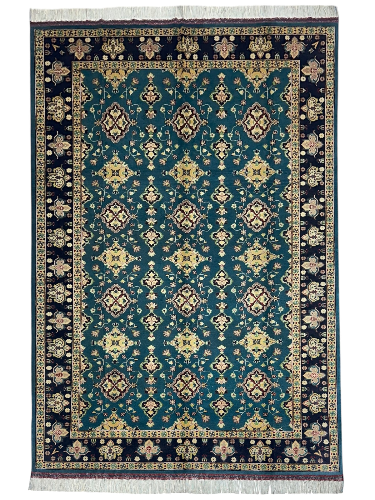 Afghan Rug 7x9, Teal, Navy & Gold, Hand-Knotted Wool