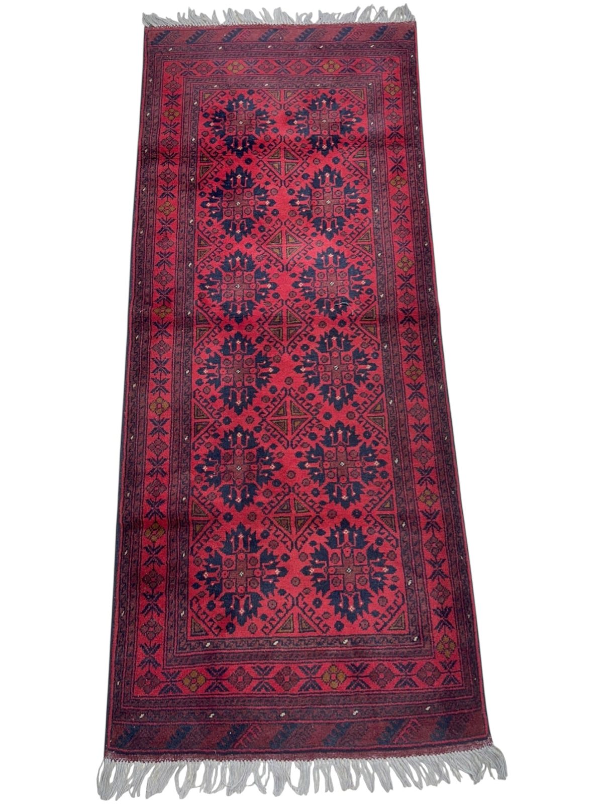 Afghan Andkhoy Runner 2'8" x 6'6", Hand-Knotted Wool, Red & Blue, view 2