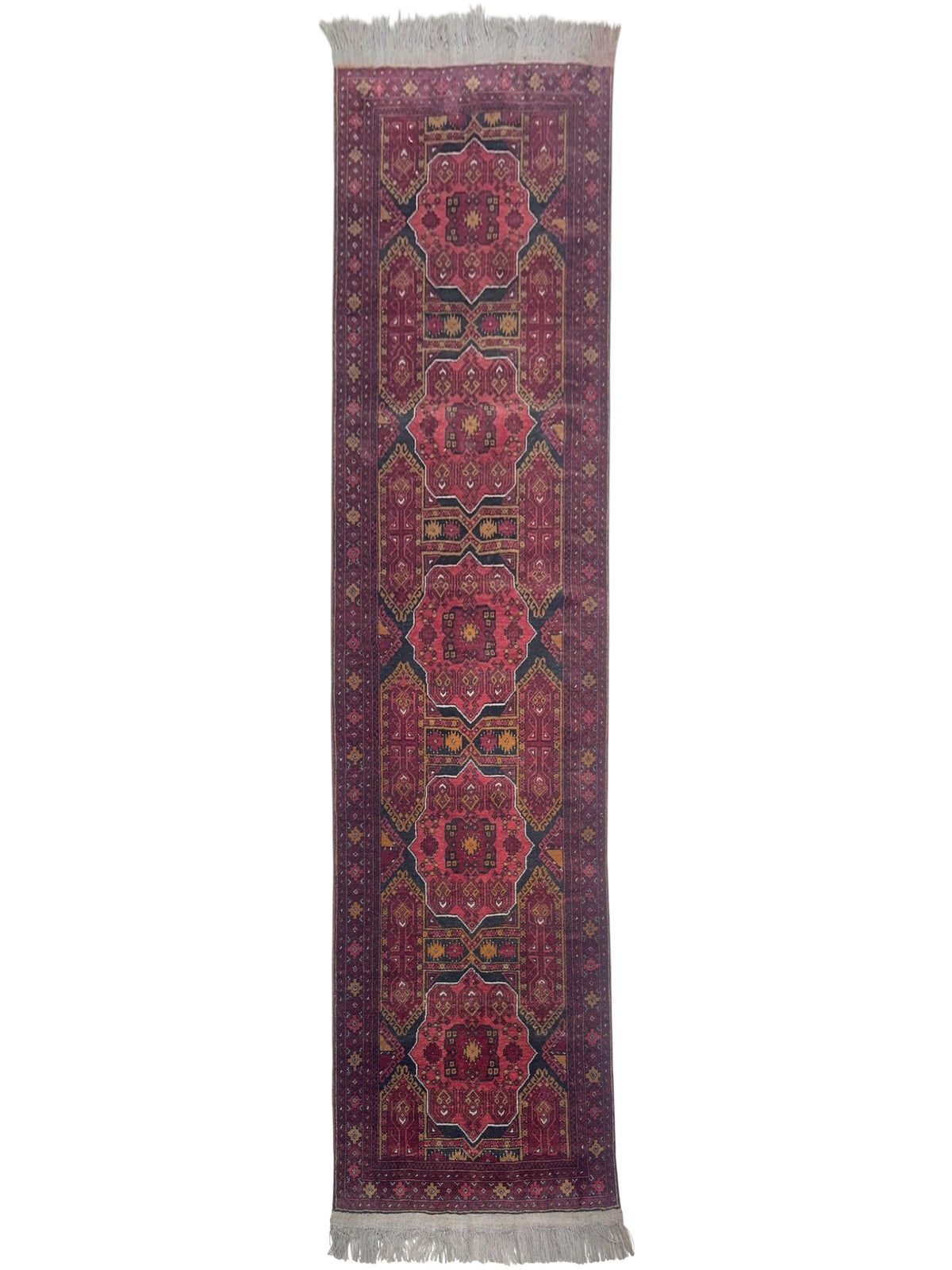 Afghan Jwaly Runner 2'9" x 9'7", Hand-Knotted Wool, Red & Black