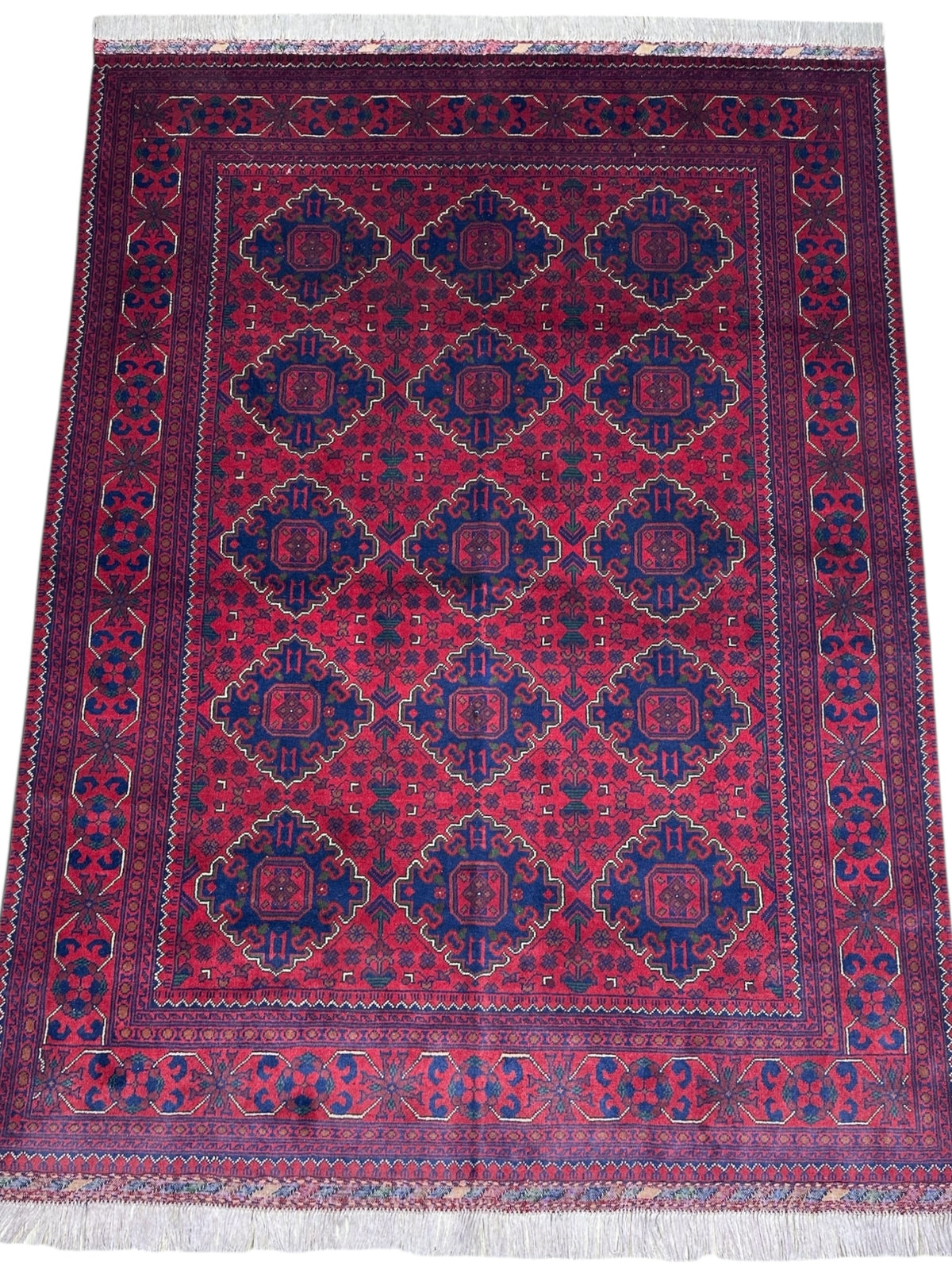 Afghan Khamyab Rug 4'11" x 6'7", Hand-Knotted Wool, Red & Blue, view 2