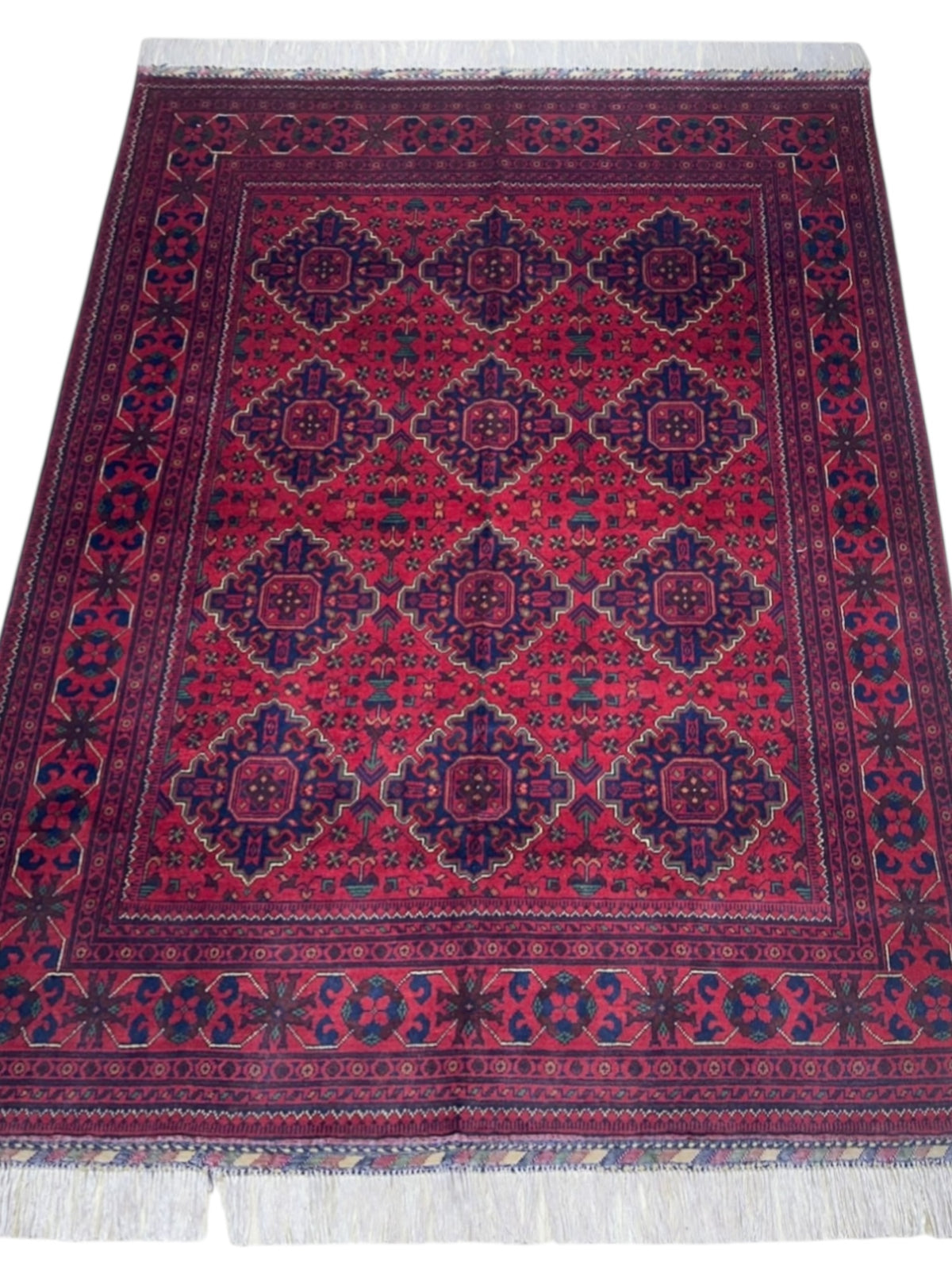 Afghan Khamyab Rug 4'11" x 6'6", Hand-Knotted Wool, Red & Blue, view 2
