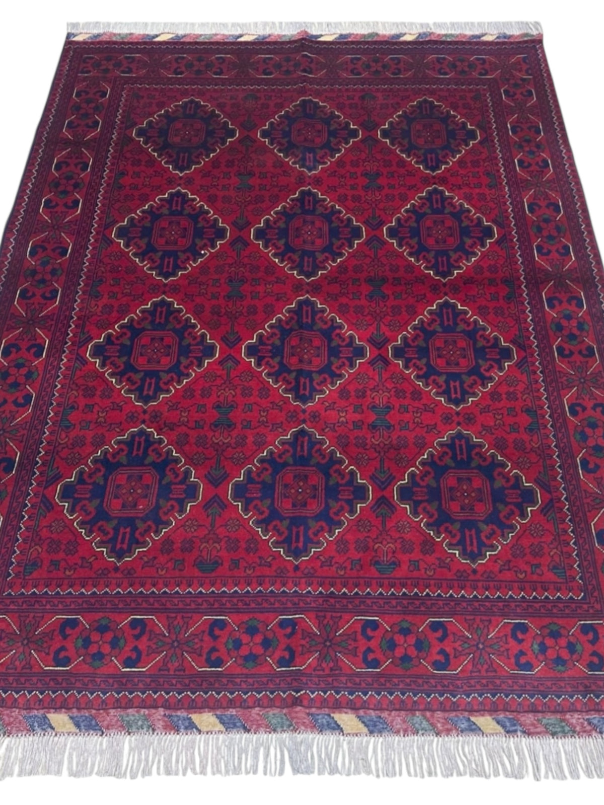 Afghan Khamyab Rug 4'11" x 6'5", Hand-Knotted Wool, Red & Blue, view 2