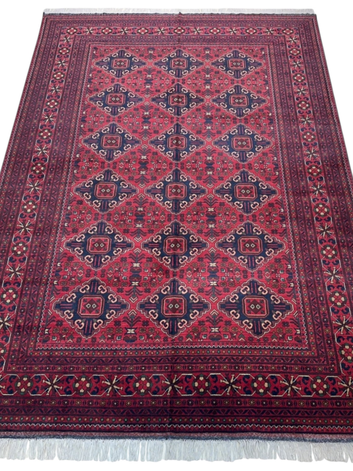 Afghan Khamyab Rug 6'6" x 9'6", Hand-Knotted Wool, Red & Blue, view 2