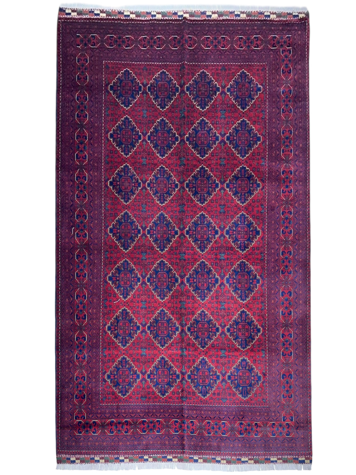 Afghan Khamyab Rug 6'8" x 9'10", Hand-Knotted Wool, Red & Blue