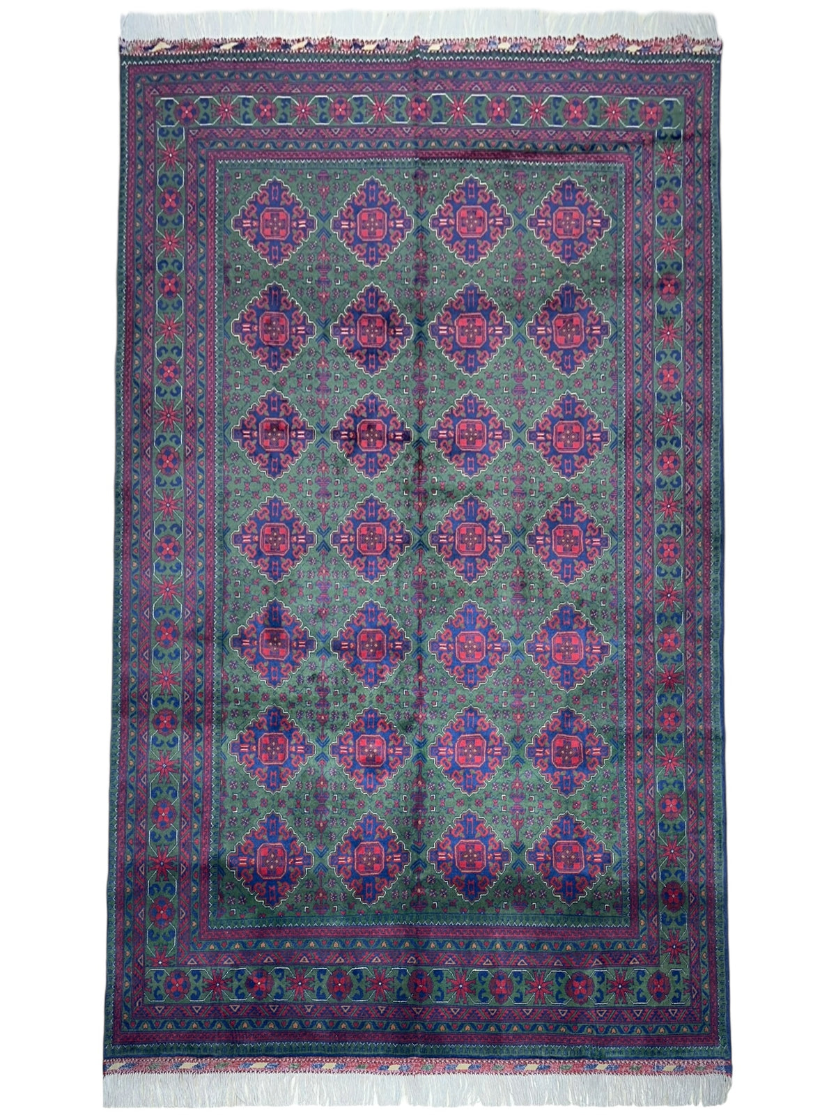 Afghan Khamyab Rug 6'7" x 9'9", Hand-Knotted Wool, Green, Red & Blue
