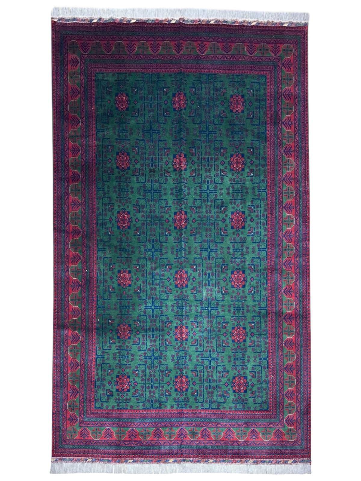Afghan Turkmen Rug 7x10, Green, Burgundy & Red, Hand-Knotted Wool