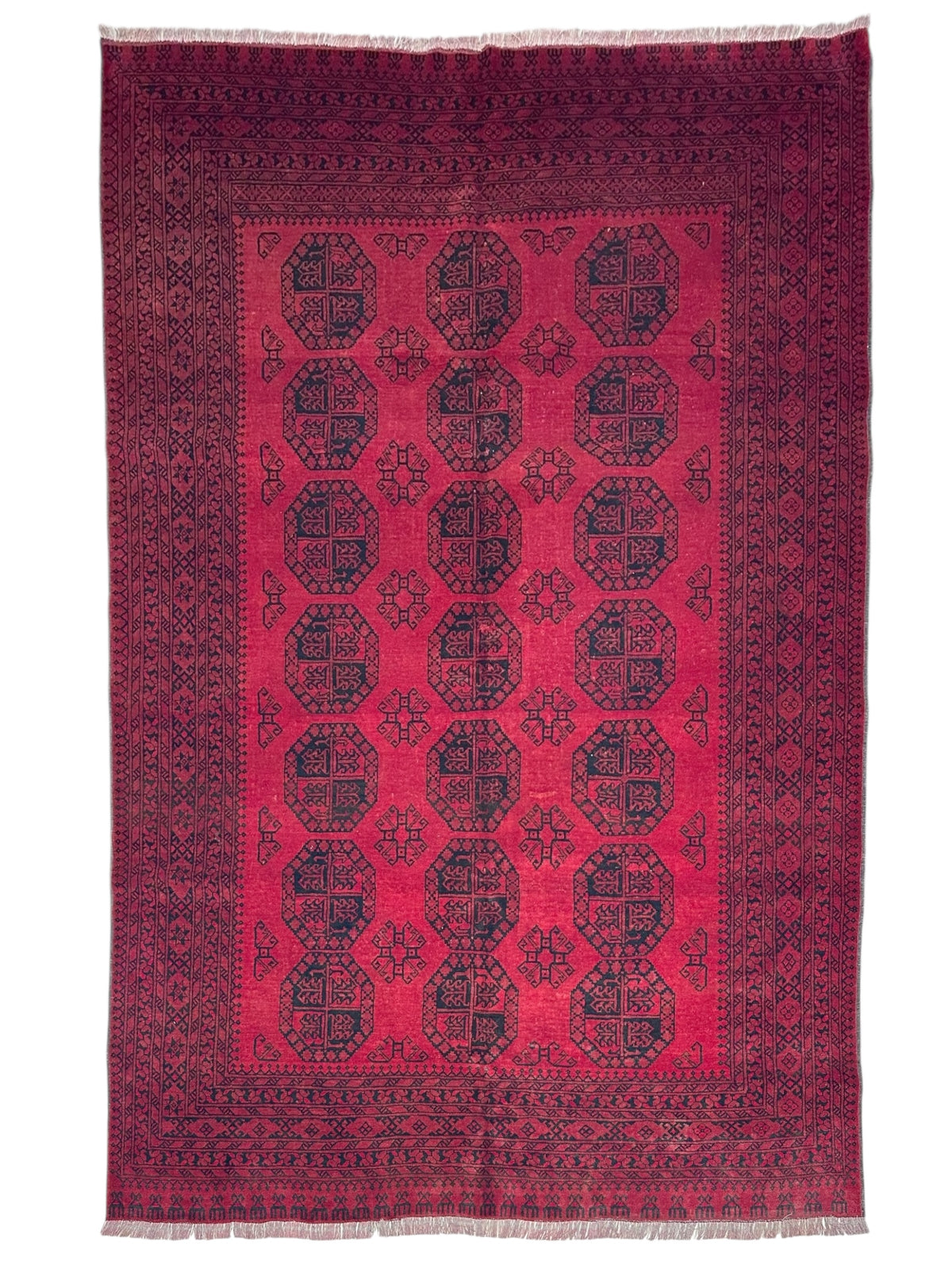 Afghan Bukhara Rug 6'8" x 9'5", Hand-Knotted Wool, Red & Black