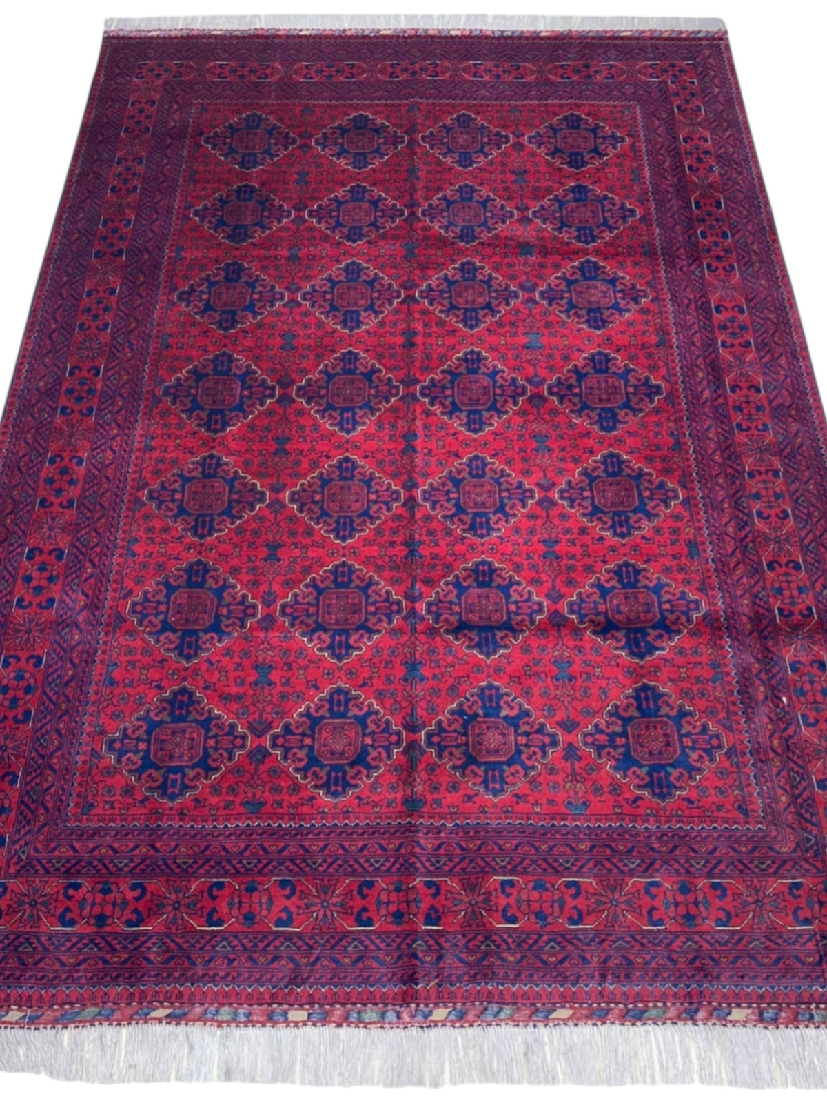 Afghan Khamyab Rug 6'8" x 9'6", Hand-Knotted Wool, Red & Blue, view 2