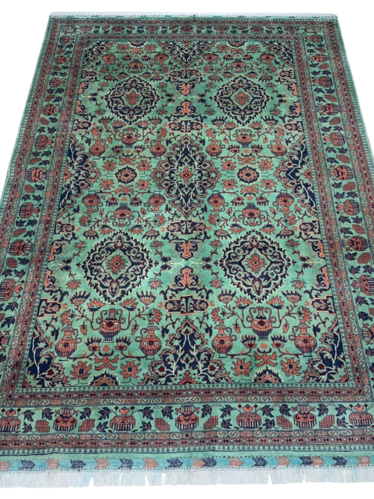 Afghan Rug 7x10, Teal, Navy & Rust, Hand-Knotted Wool, view 2