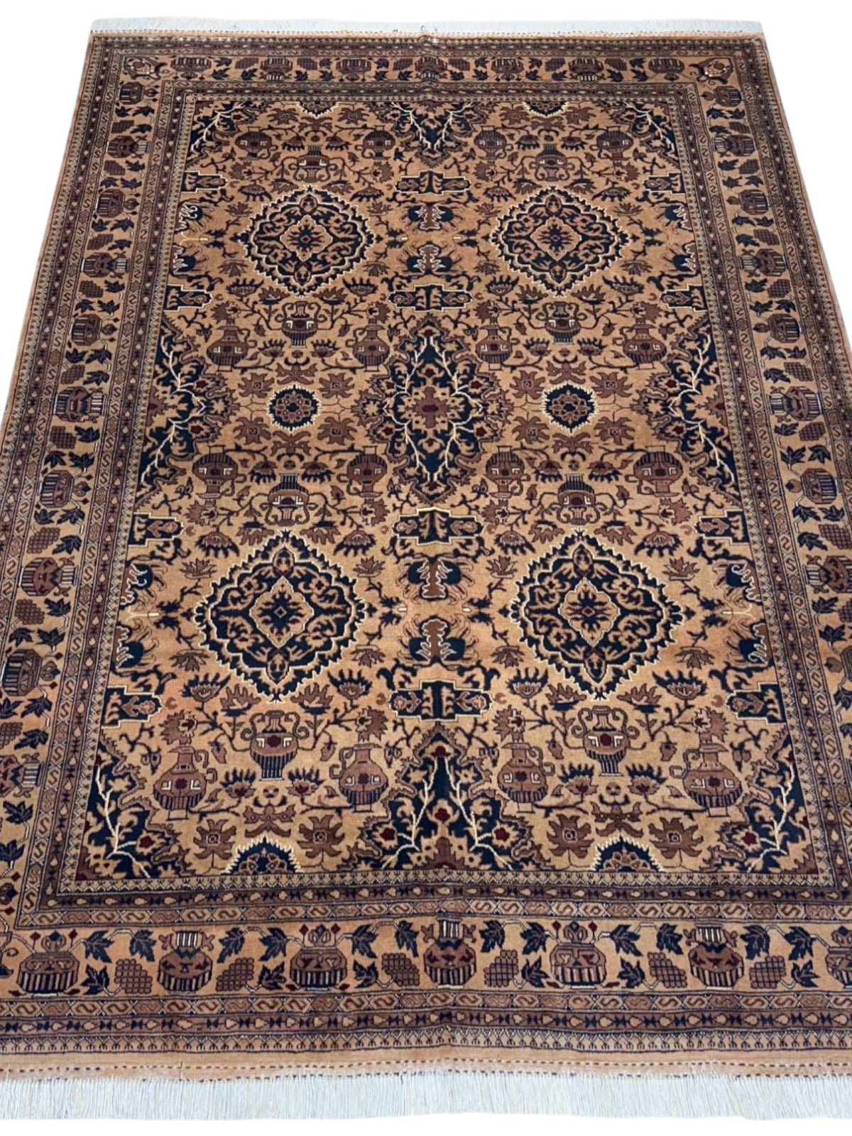 Afghan Rug 7x9, Beige, Navy & Brown, Hand-Knotted Wool, view 2