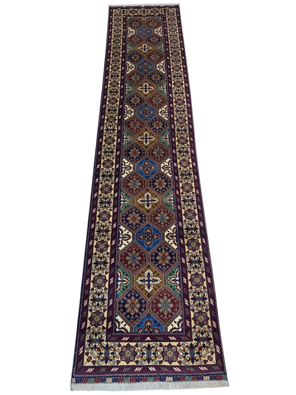 Afghan Kashi Runner 2'10" x 6'6", Hand-Knotted Wool, Cream & Blue, view 3