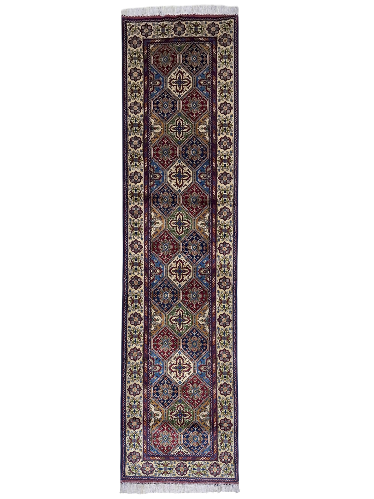 Afghan Kashi Runner 2'11" x 9'9", Hand-Knotted Wool, Cream, Red & Blue