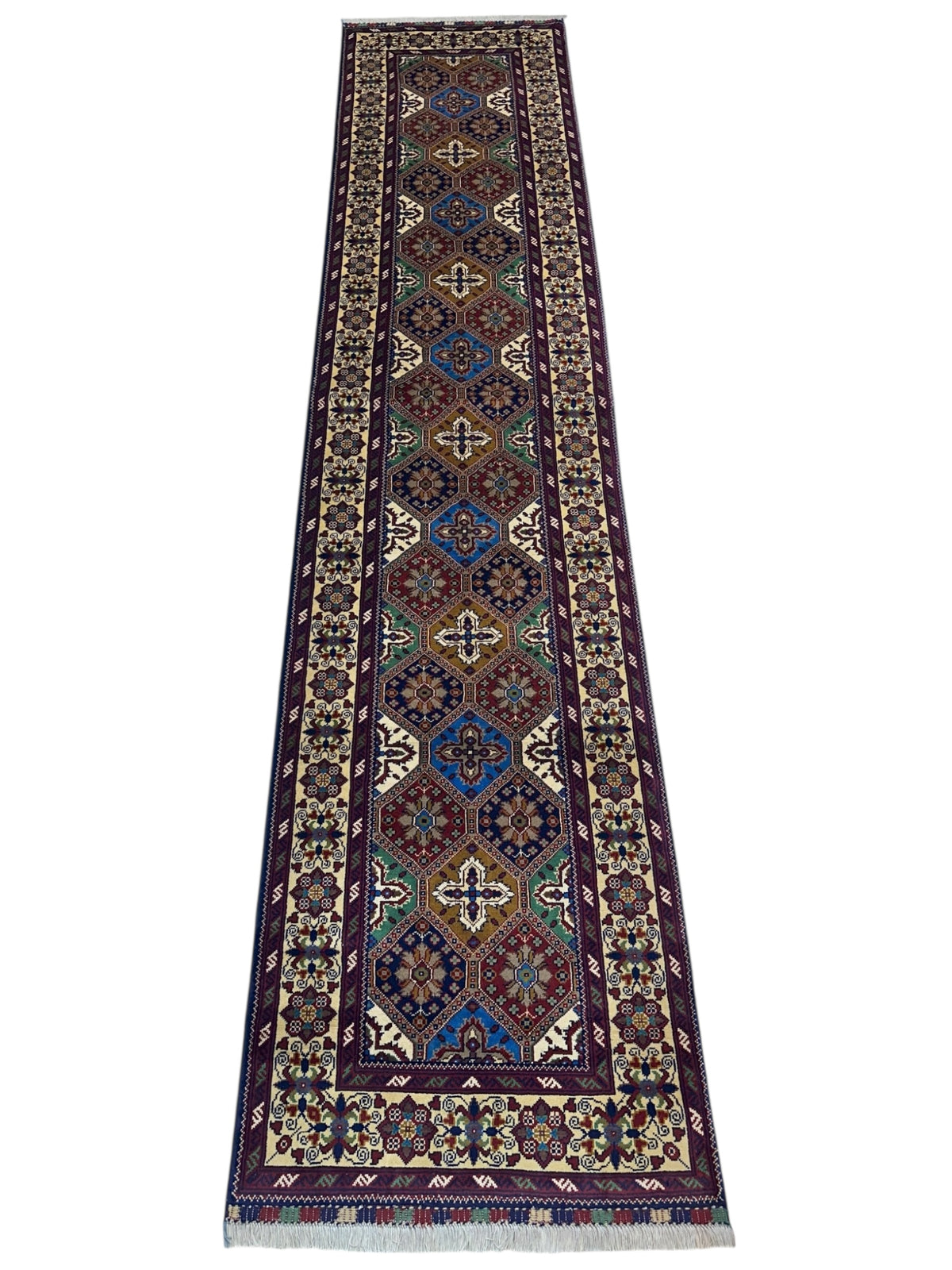 Afghan Kashi Runner 2'11" x 12'6", Hand-Knotted Wool, Cream & Red, view 2