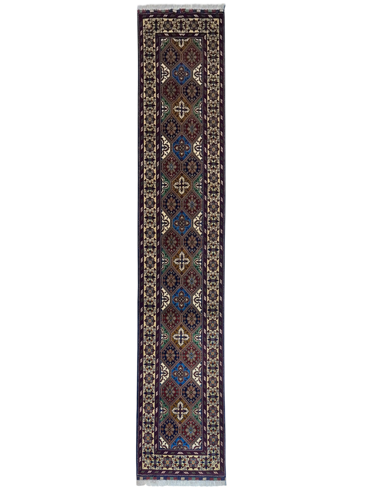 Afghan Kashi Runner 2'11" x 12'5", Hand-Knotted Wool, Cream & Red