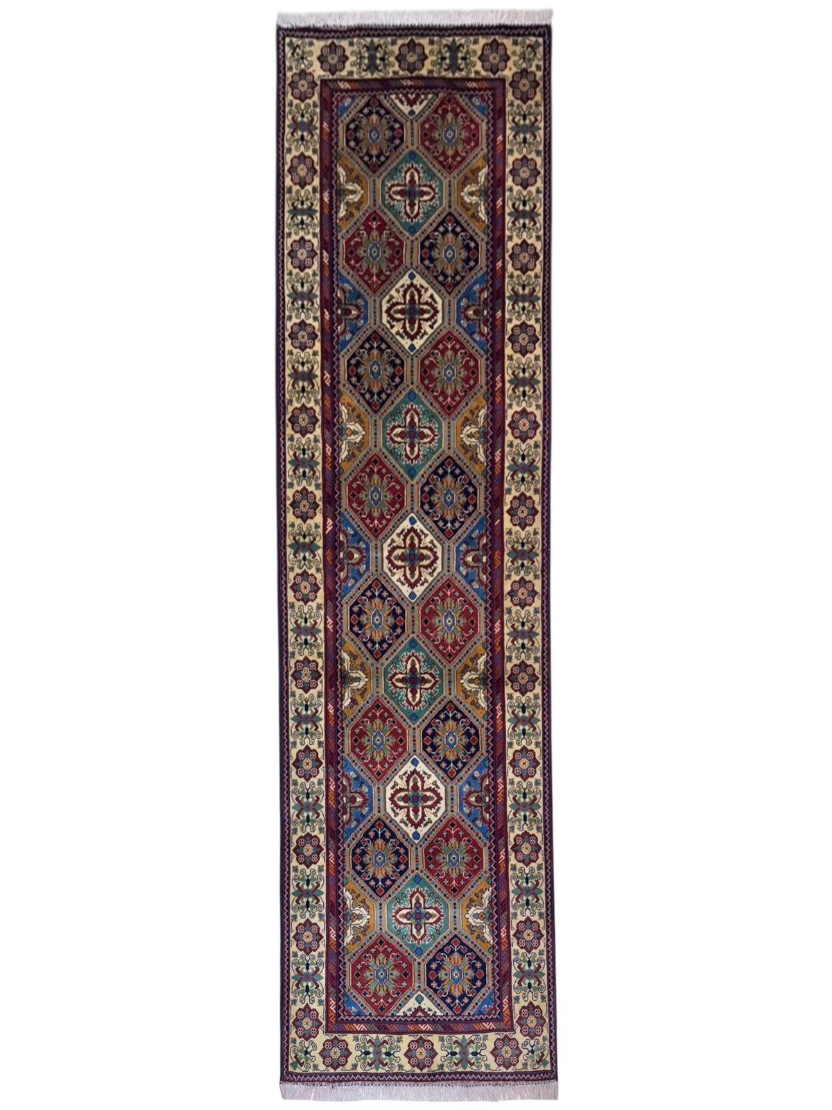 Afghan Kashi Runner 3' x 9'7", Hand-Knotted Wool, Cream, Red & Blue