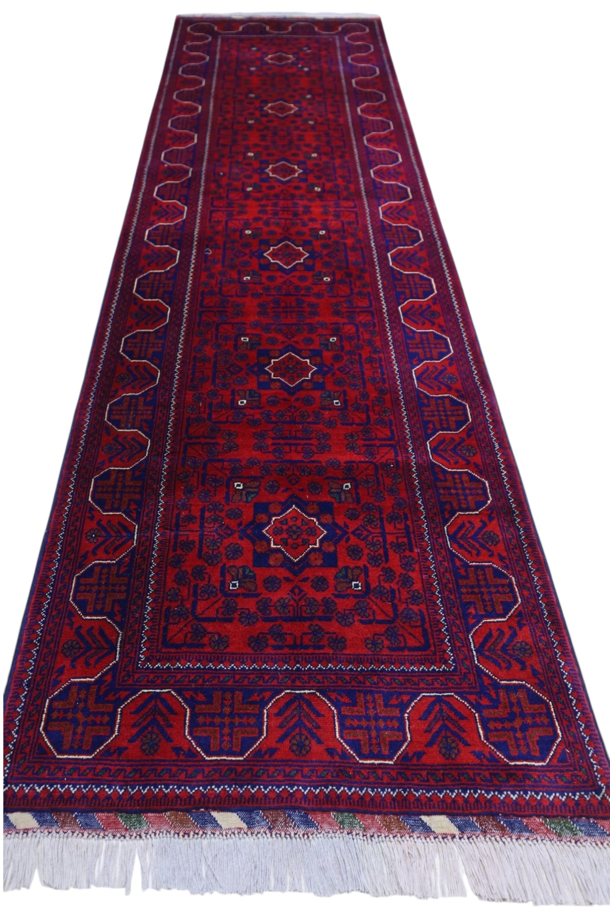 Afghan Bukhara Runner 2'9" x 9'9", Hand-Knotted Wool, Red, view 3