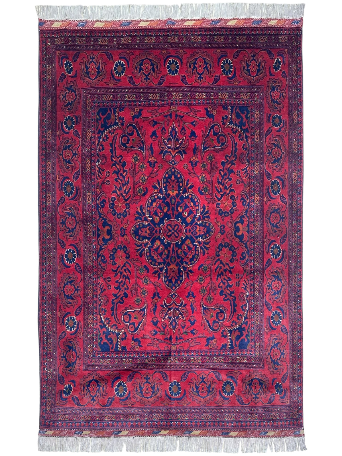 Afghan Medallion Rug 5x7, Red, Navy & Burgundy, Hand-Knotted Wool