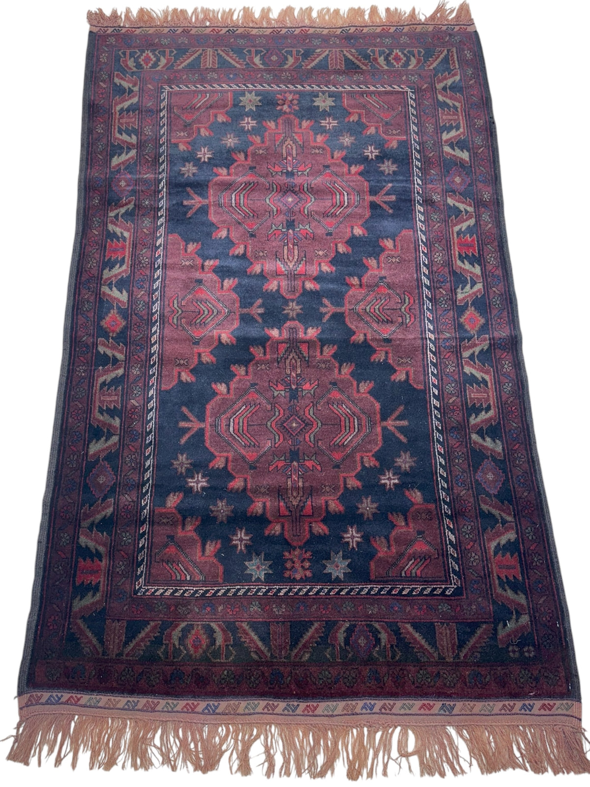 Afghan Patnos Rug 3'3" x 5'5", Hand-Knotted Wool, Red & Blue, view 2
