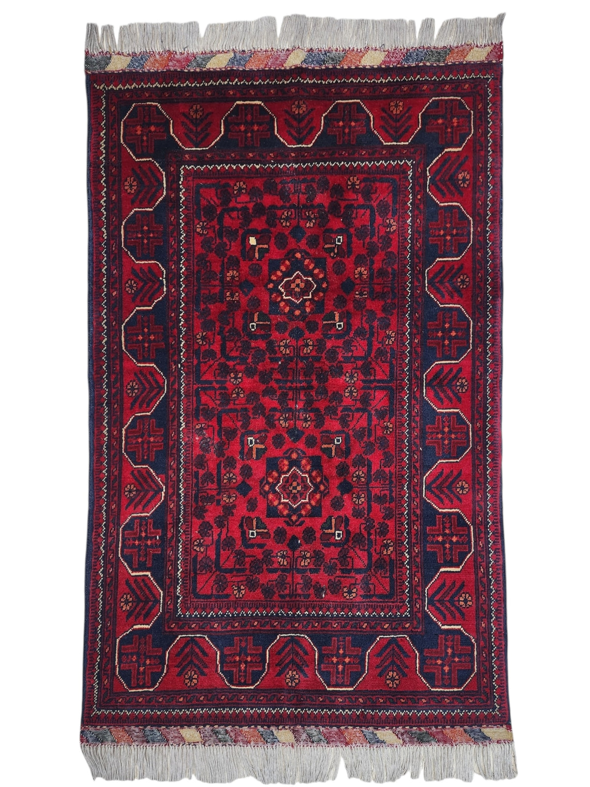 Afghan Bukhara Rug 2'8" x 4'4", Hand-Knotted Wool, Red