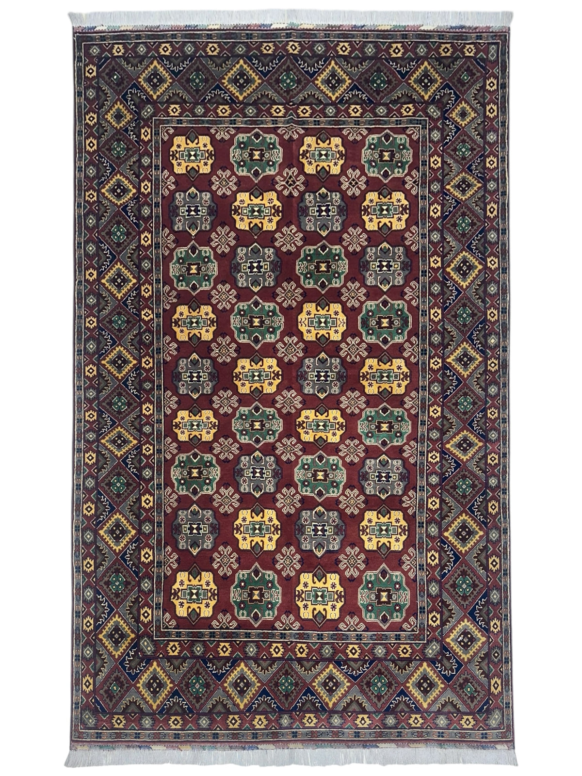 Afghan Turkmen Rug 6x10, Burgundy, Navy & Gold, Hand-Knotted Wool