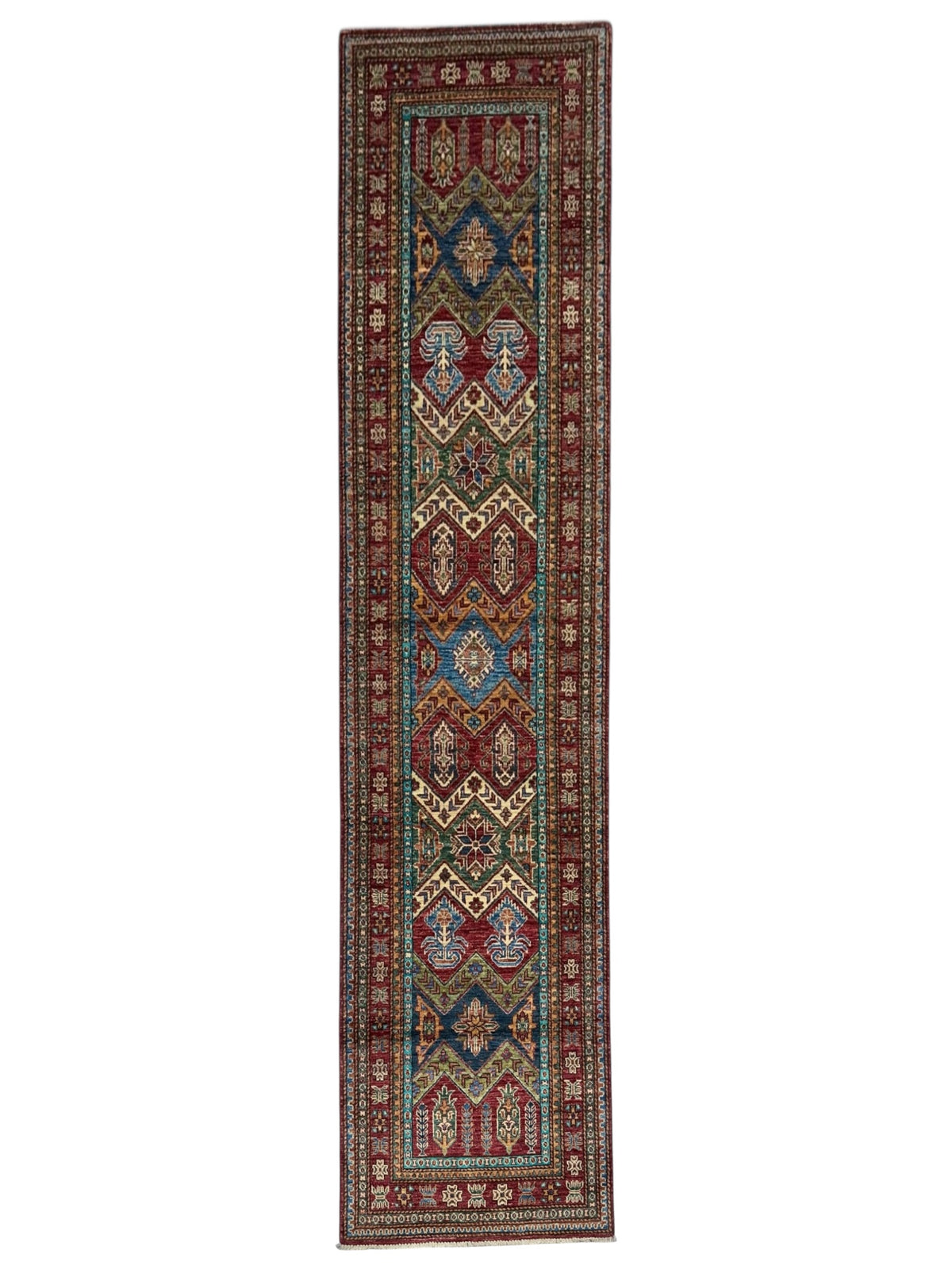 Afghan Kazak Runner 2'6" x 9'8", Hand-Knotted Wool, Blue & Camel