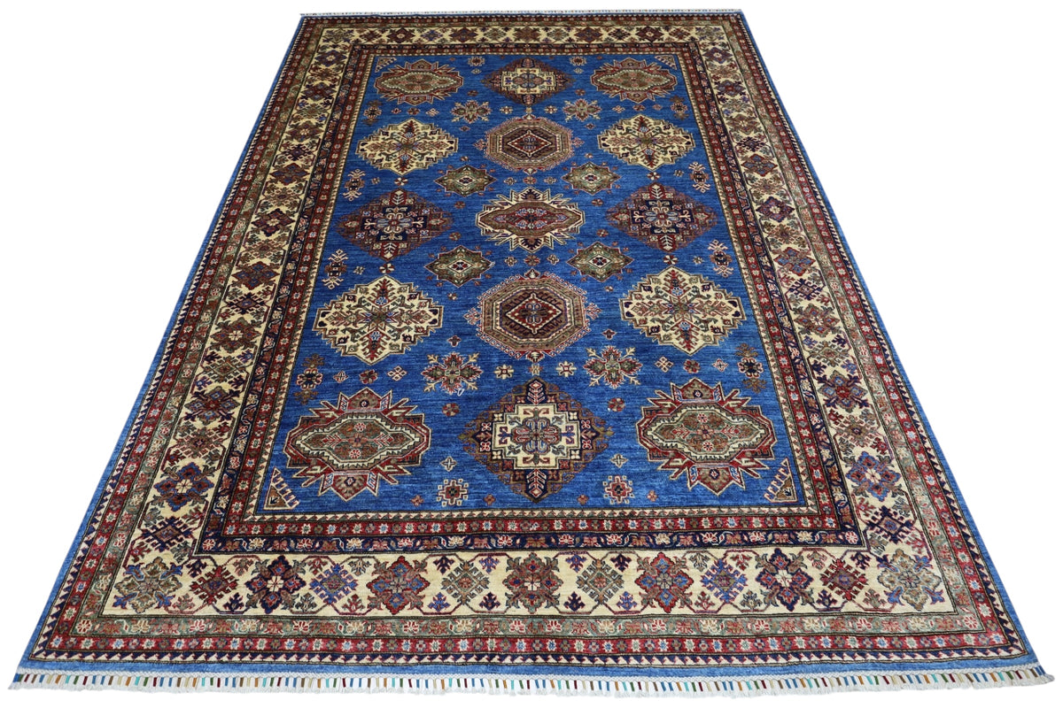 Afghan Kazak Rug 8' x 10'4", Hand-Knotted Wool, Blue, Cream & Red, view 3