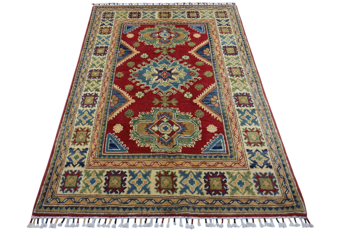 Afghan Kazak Rug 3'3" x 4'10", Hand-Knotted Wool, Red, view 3