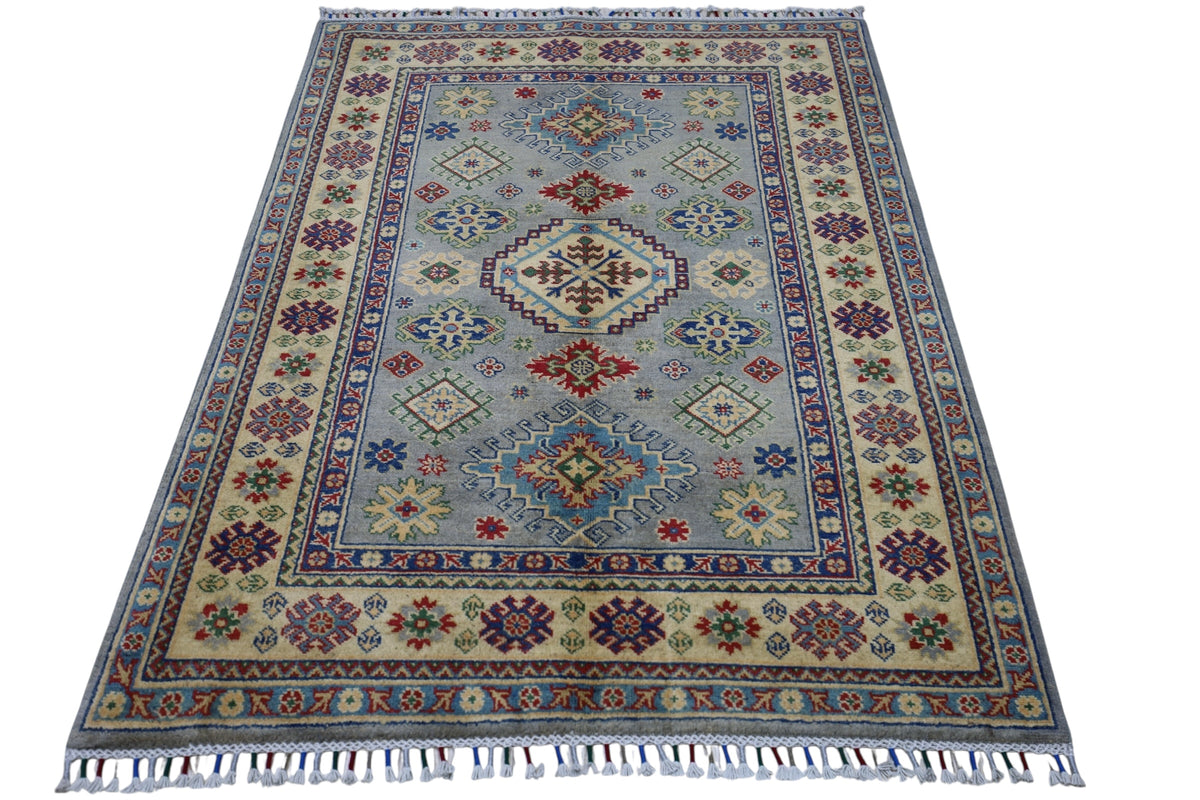 Afghan Kazak Rug 3'11" x 5'6", Hand-Knotted Wool, Beige, view 3