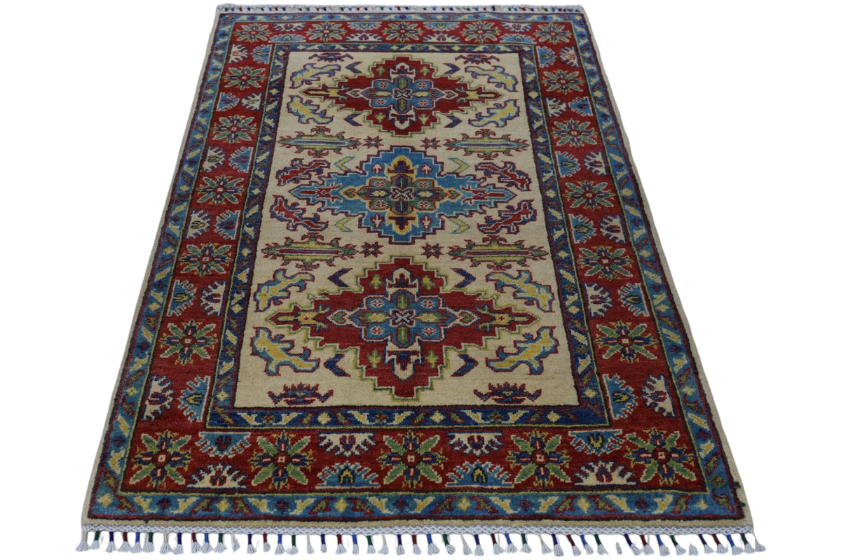 Afghan Kazak Rug 3'4" x 4'9", Hand-Knotted Wool, Cream & Red, view 3