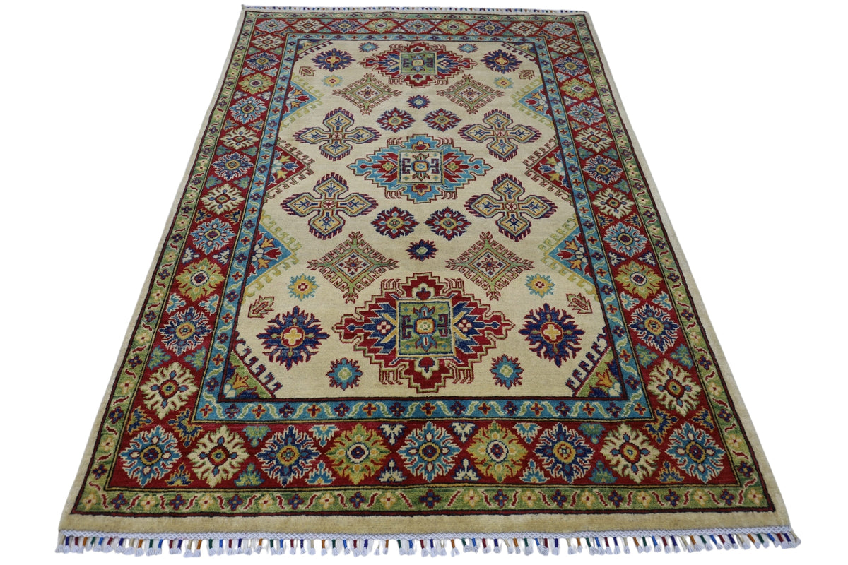 Afghan Kazak Rug 4'10" x 6'11", Hand-Knotted Wool, Cream, view 3