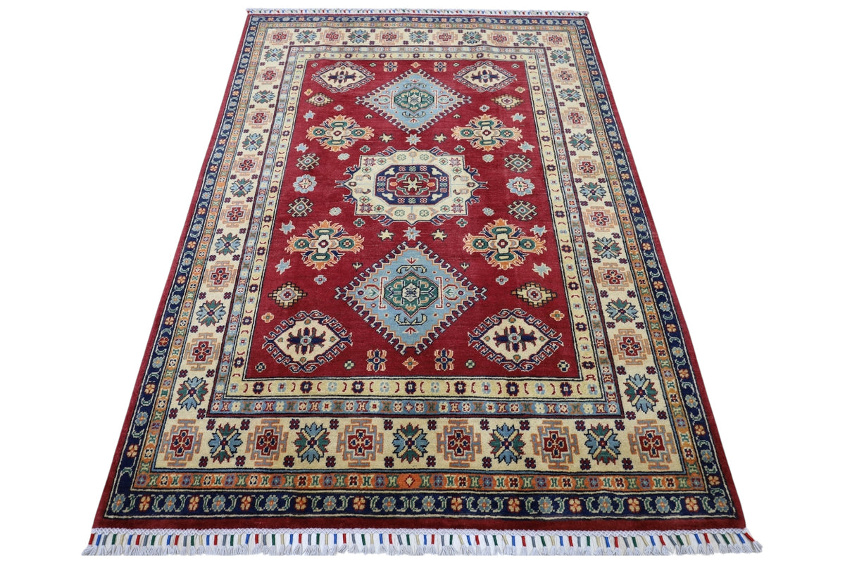Afghan Kazak Rug 4'10" x 6'6", Hand-Knotted Wool, Red, view 3