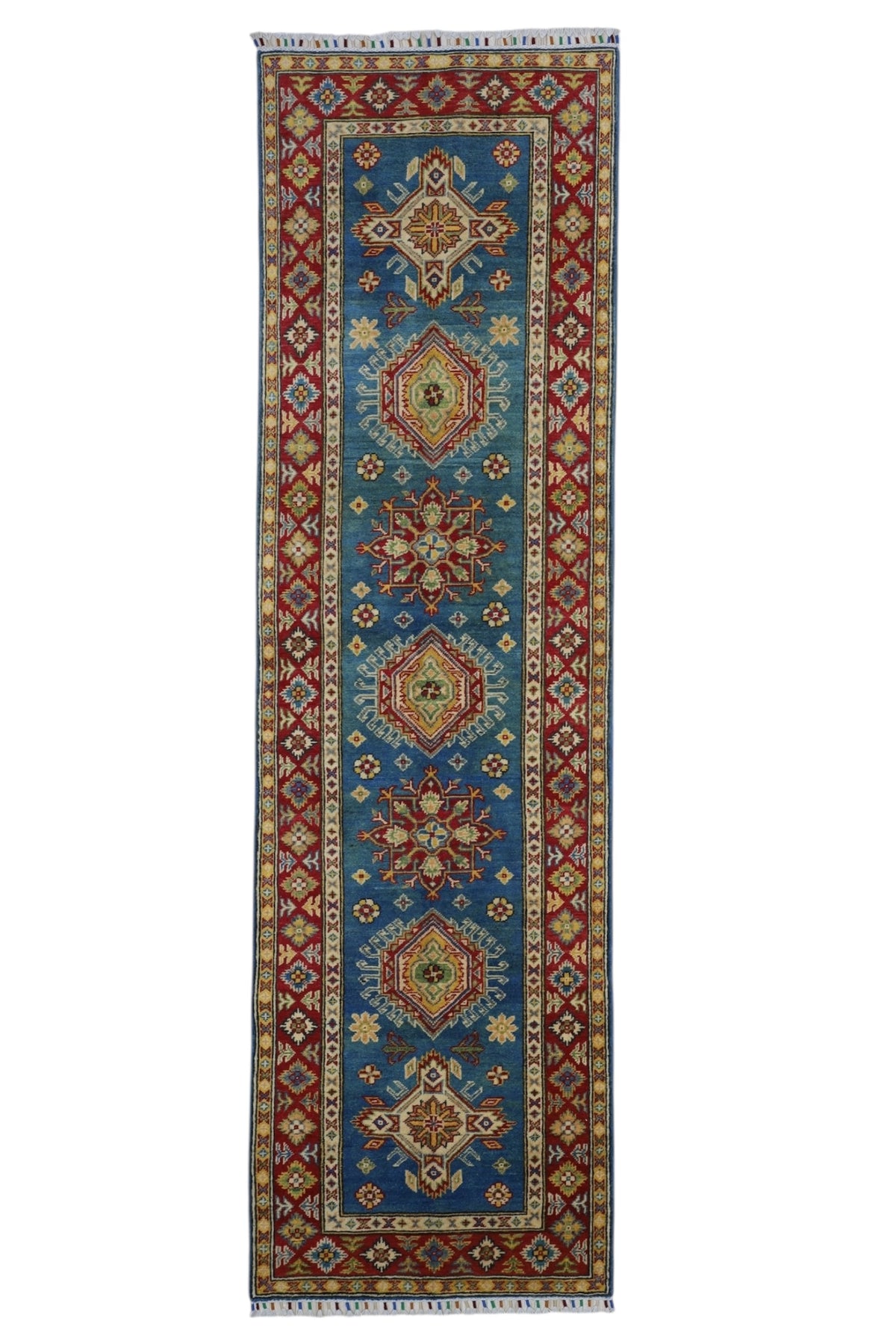 Afghan Kazak Runner 2'7" x 9'3", Hand-Knotted Wool, Blue & Red