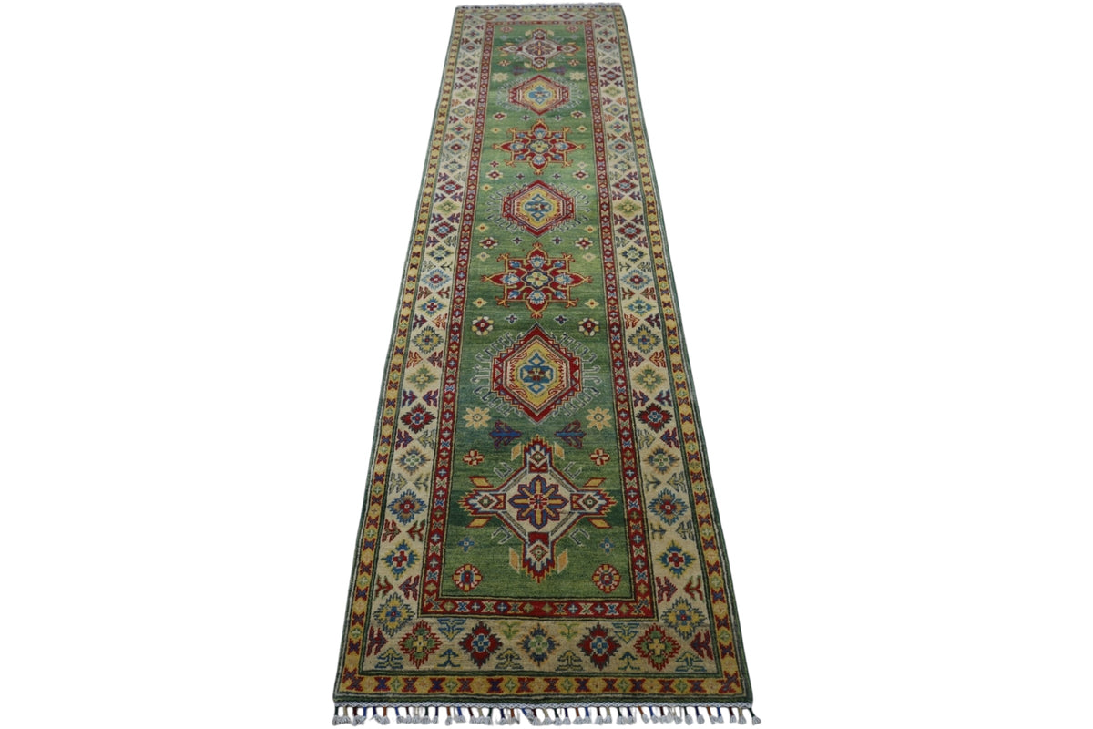 Afghan Kazak Runner 2'7" x 9'8", Hand-Knotted Wool, Blue, view 3