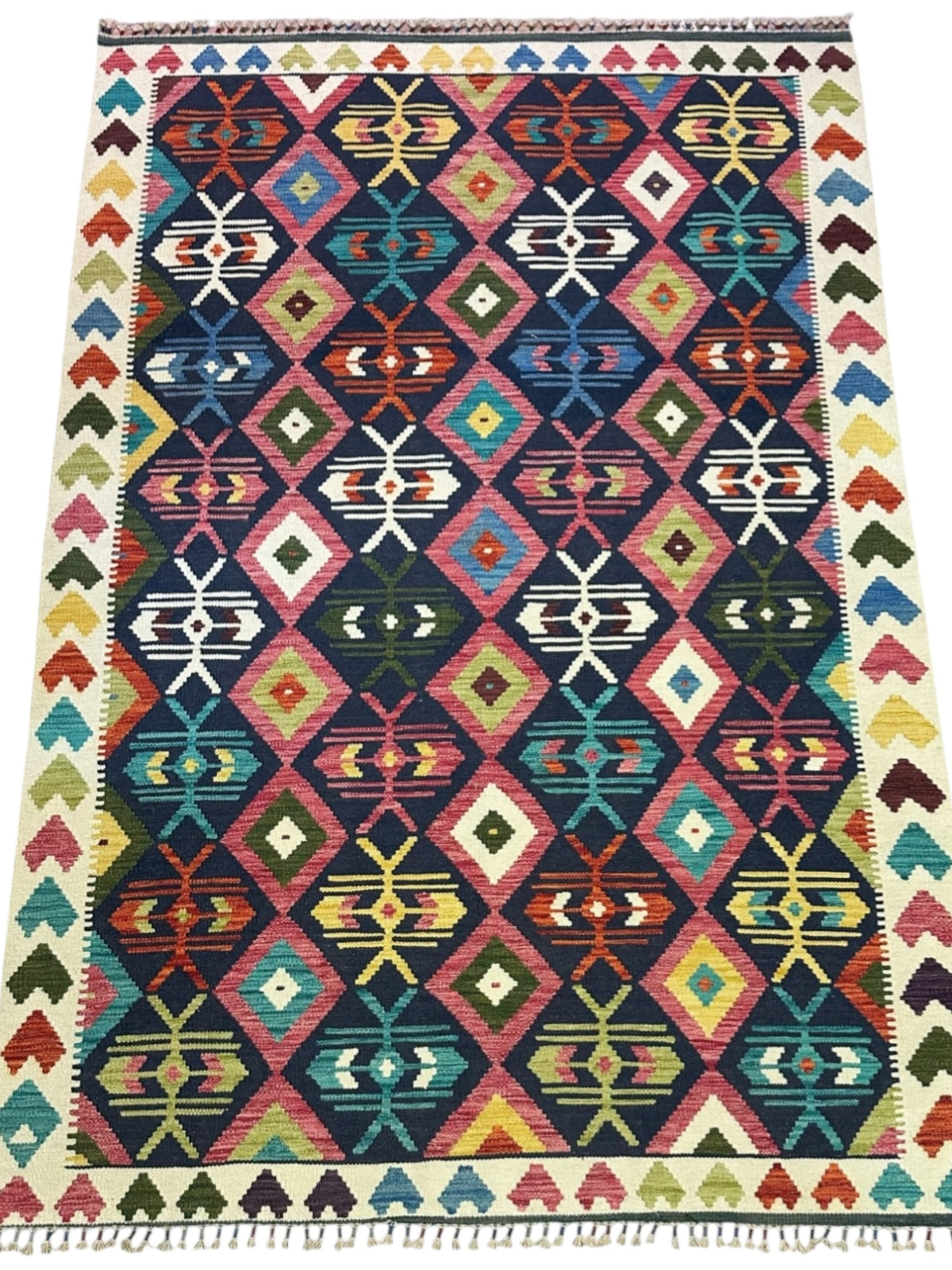 Afghan Kilim Rug 6x8, Navy, Pink & Ivory, Hand-Woven Wool Flatweave, view 2