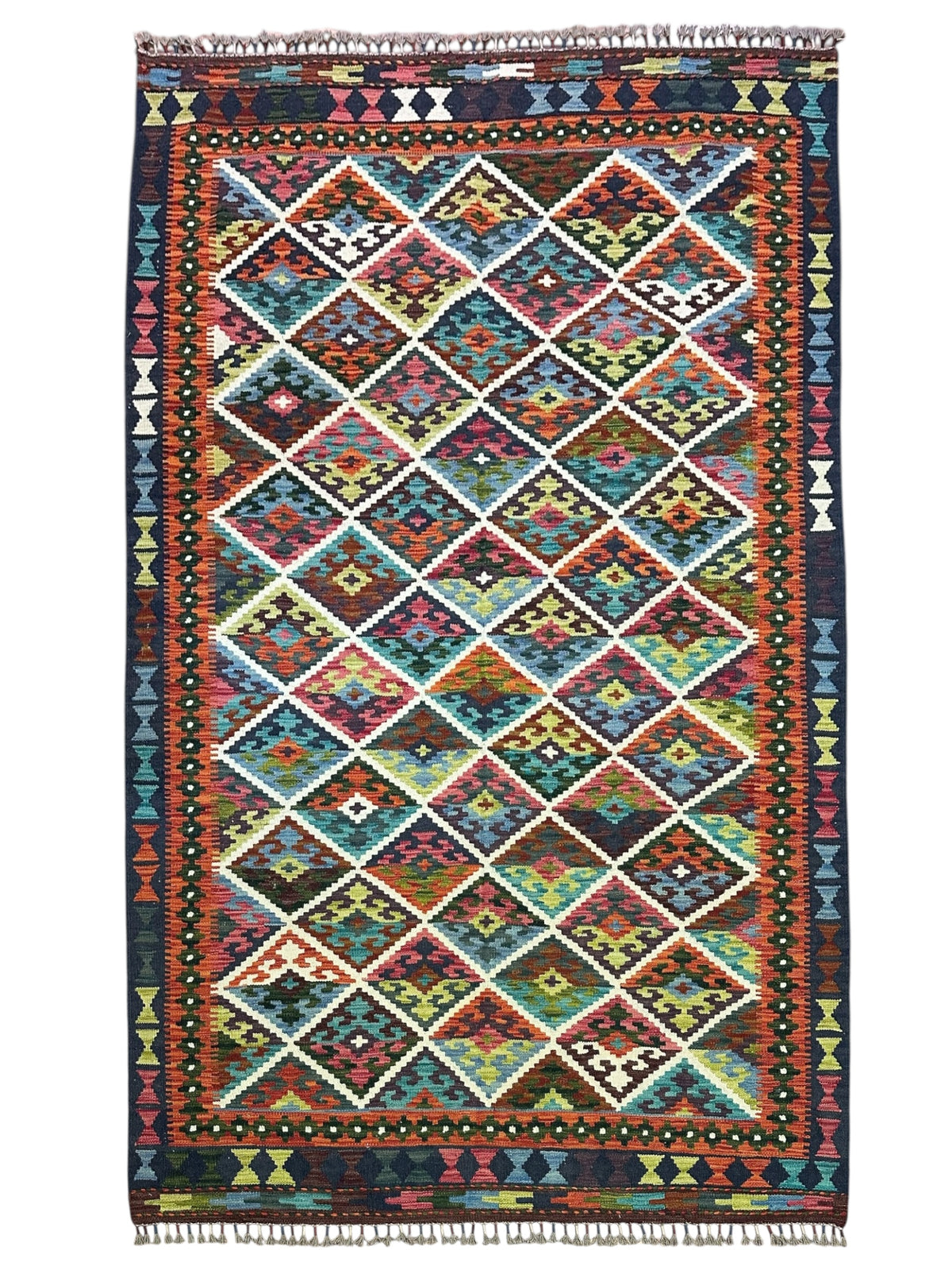 Afghan Kilim Rug 6x8, Rust, Teal & Navy, Hand-Woven Wool Flatweave