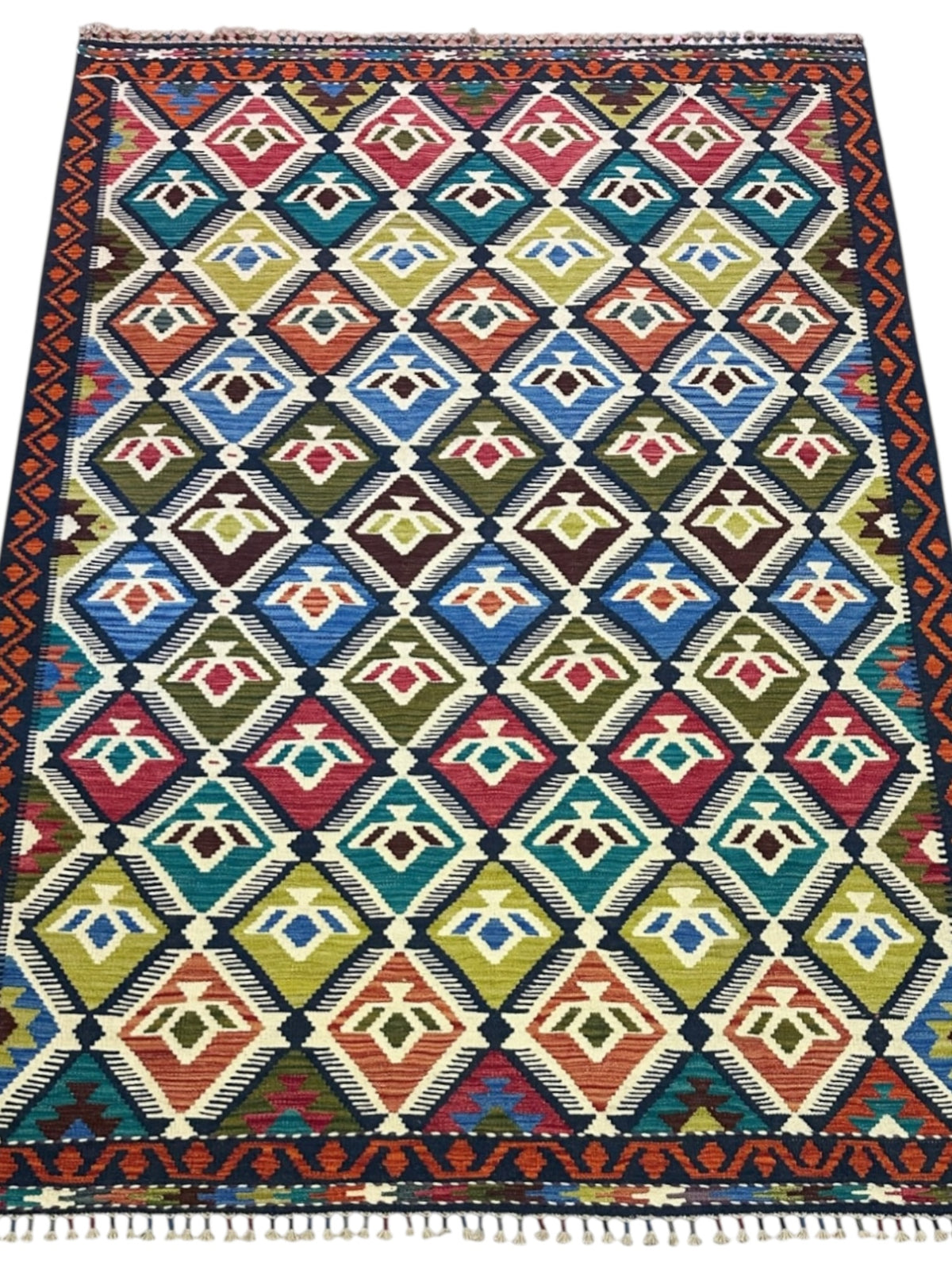 Afghan Kilim Rug 6x8, Navy, Ivory & Blue, Hand-Woven Wool Flatweave, view 2