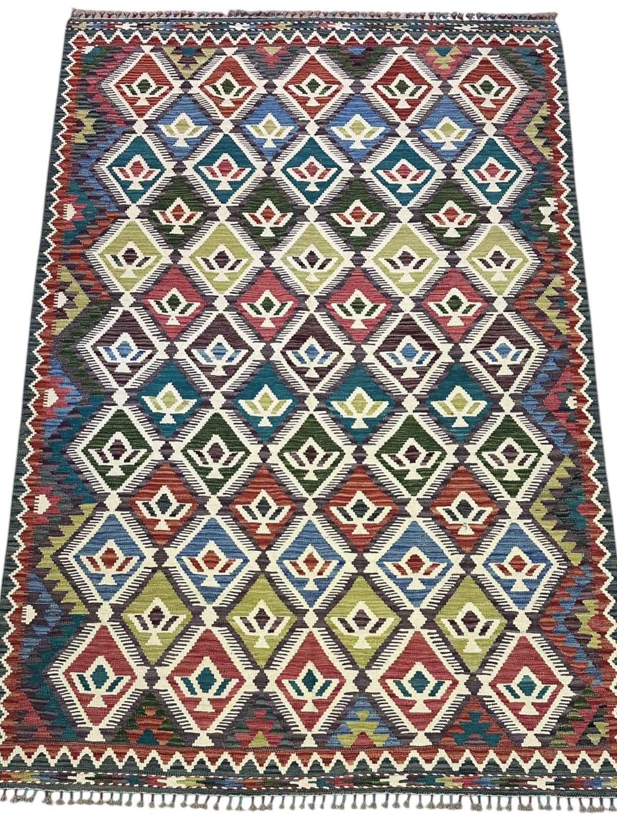 Afghan Kilim Rug 6x8, Pink, Teal & Ivory, Hand-Woven Wool Flatweave, view 2